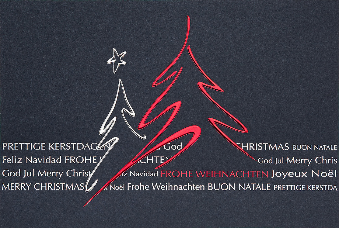 Weihnachtskarte nachtblau mit zwei Weihnachtsbäumen internat.