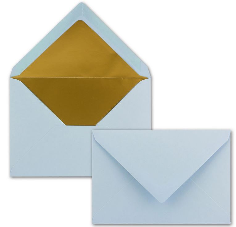 Briefumschlag DIN C6, 16,2 x 11,4 cm, nassklebend, 120g, hellblau mit goldenem Innenfutter