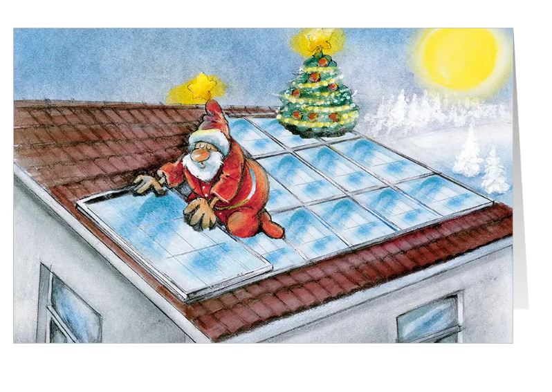 Originelle Weihnachtskarte "Sonnige Festtage" für Solartechnik, Photovoltaik, Elektroinstallation, erneuerbare Energien