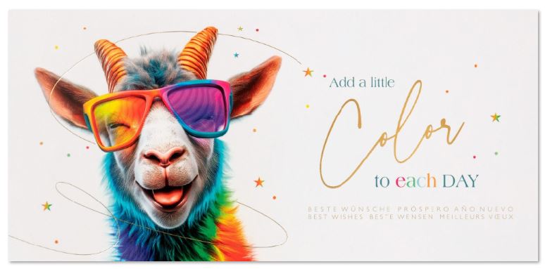 Originelle Weihnachtskarte "Alles bunt" mit charmanter Ziege und der Botschaft "Add a little color to each day"