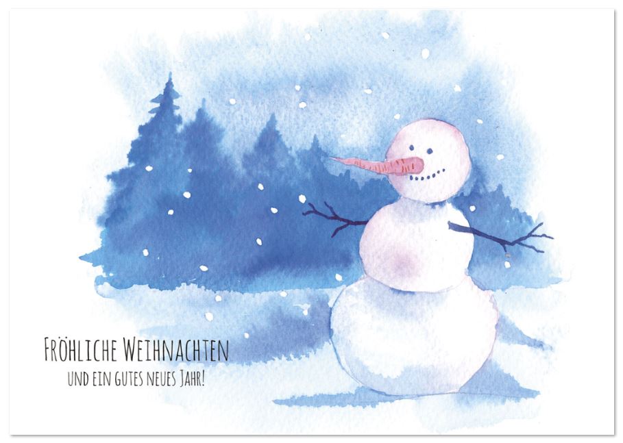 Humorvolle, winterliche Spendenweihnachtskarte mit fröhlichem Schneemann und Gruß für die Deutsche Kinderkrebsstiftung