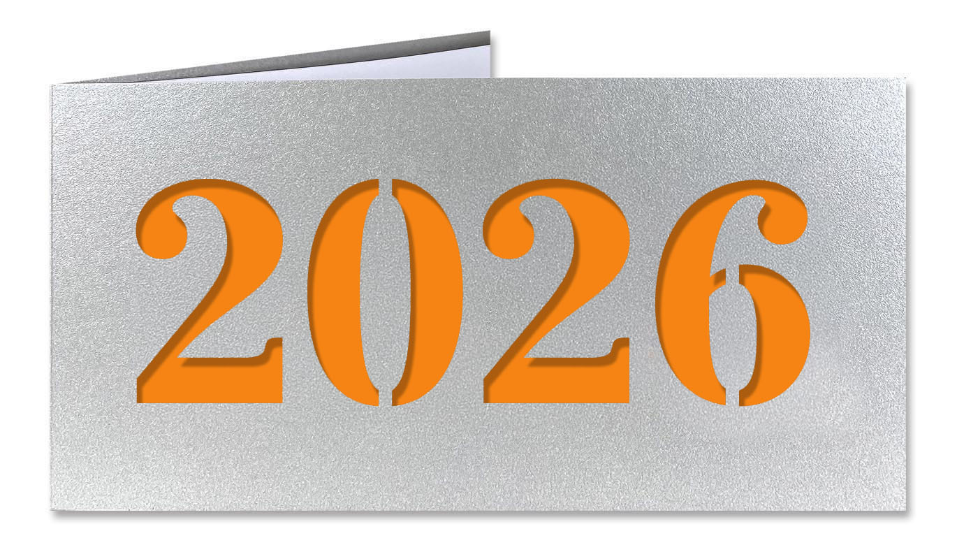 Silberne Neujahrskarte "Glamour" Metallic-Karton mit Laserstanzung 2026 und orangefarbenem Einleger