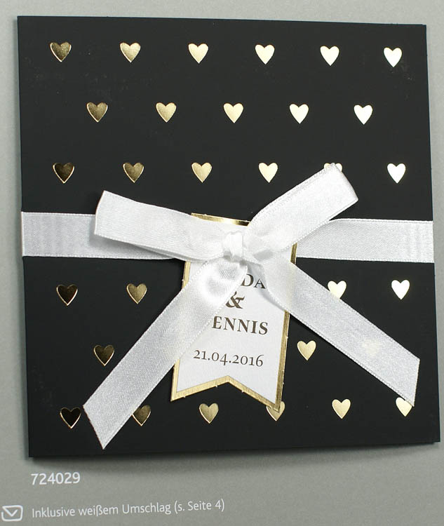 Hochzeitskarte schwarz mit goldgeprägten, glänzenden Herzen