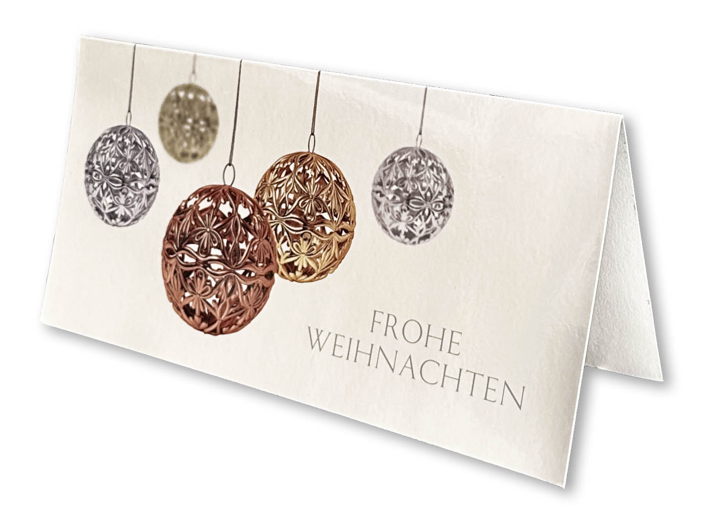 Weihnachtliche Grußkarte DIN lang in weiß mit "Frohe Weihnachten" und hängenden Christbaumkugeln.