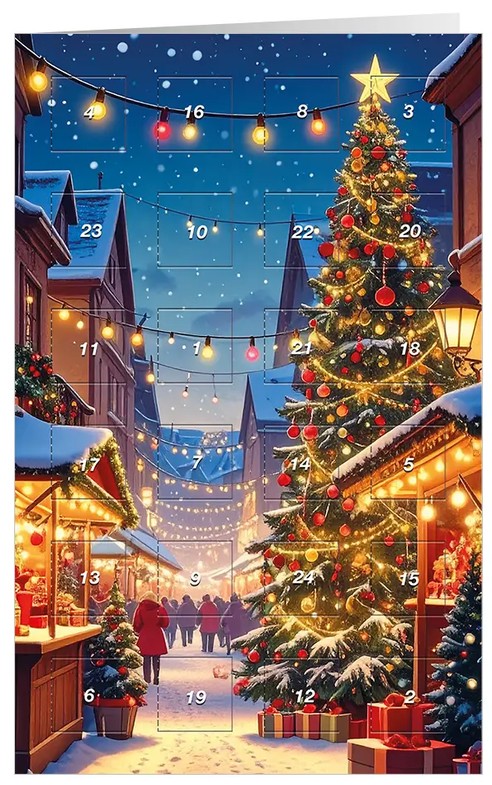 Winterliche Adventskalenderkarte "Christmas in Town" mit festlich beleuchtetem Weihnachtsmarkt mit 24 Fenstern zum Öffnen