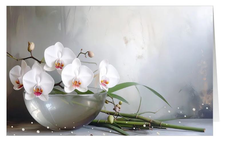 Elegante Trauerkarte "Adieu" mit weißen Orchideenblüten ohne Trauerworte auf der Vorderseite