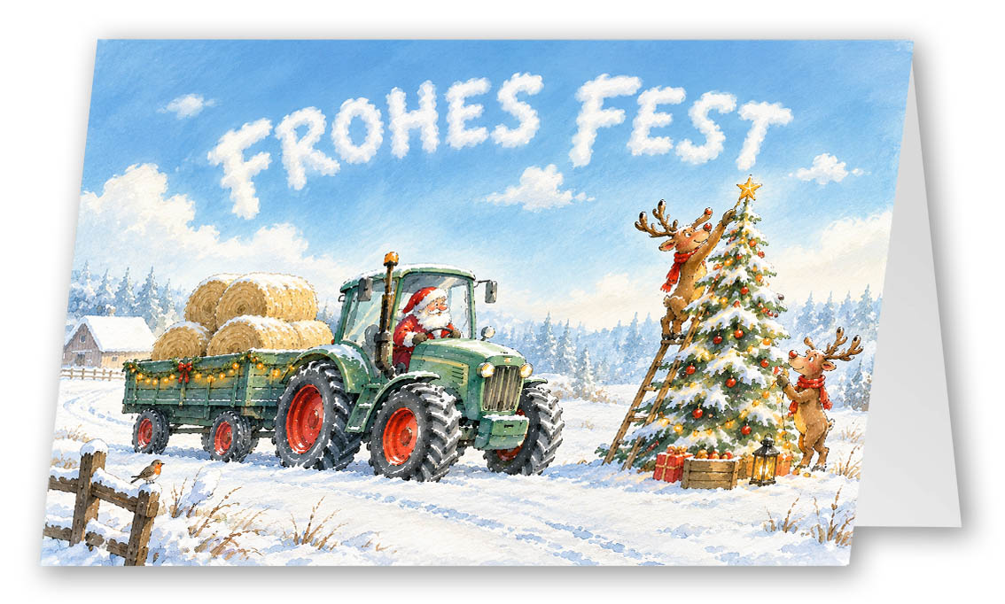 Fröhliche Branchen-Weihnachtskarte „Winter auf’m Feld“ mit Traktor und Weihnachtsbaum und mit Gruß "Frohes Fest"