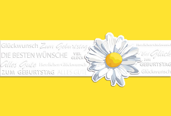 Glückwunschkarte zum Geburtstag gelb mit weißer Banderole inkl. Margeriten-Blüte