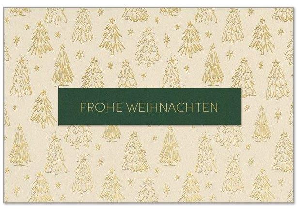 Sandbraune Weihnachtskarte "Waldzauber" mit grünem Einstecker und Goldfolienprägung, inkl. Einlegeblatt