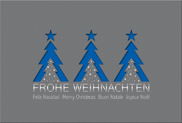 Anthrazitfarbene Weihnachtskarte mit blauem Einleger und mehrsprachigem Weihnachtsgruß