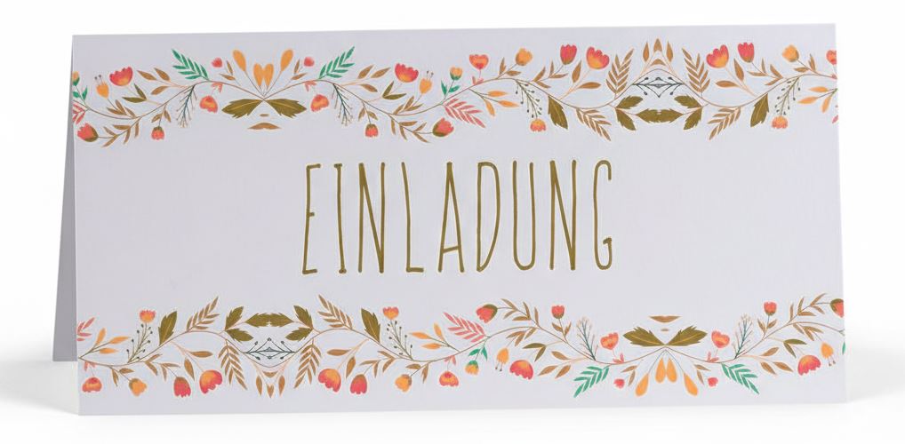 Cremeweiße Einladungskarte mit "EINLADUNG" und floraler Verzierung, DIN lang