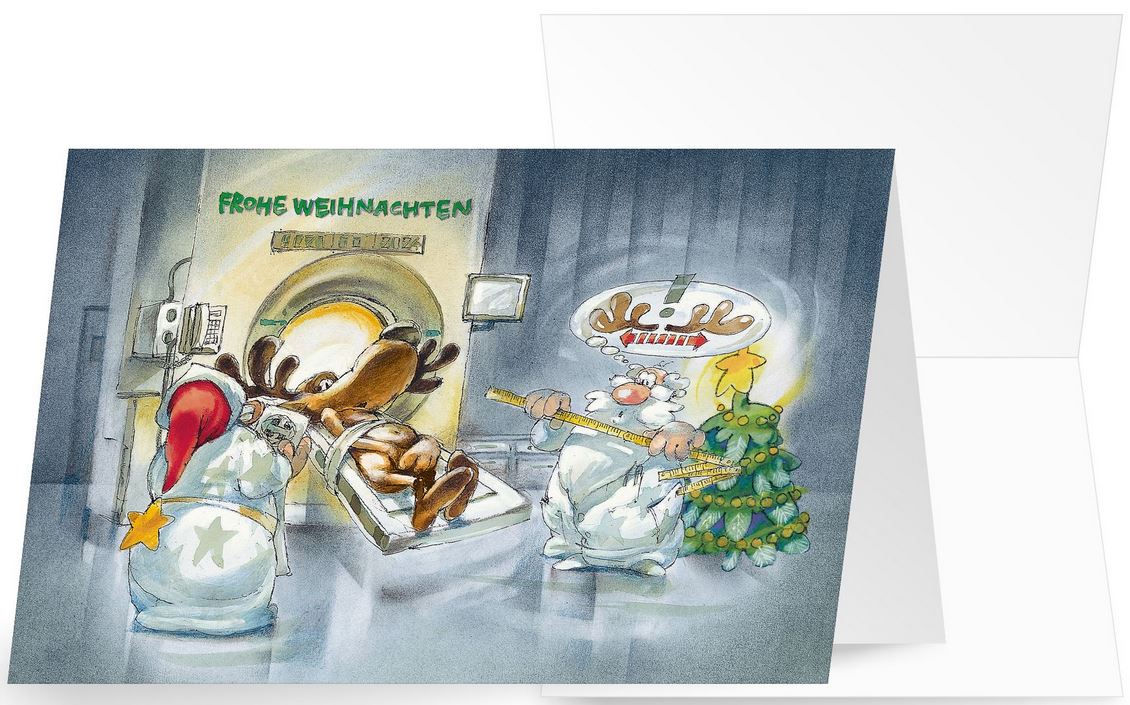Lustige Weihnachtskarte mit dem Rentier beim Radiologen und Gruß "Frohe Weihnachten"