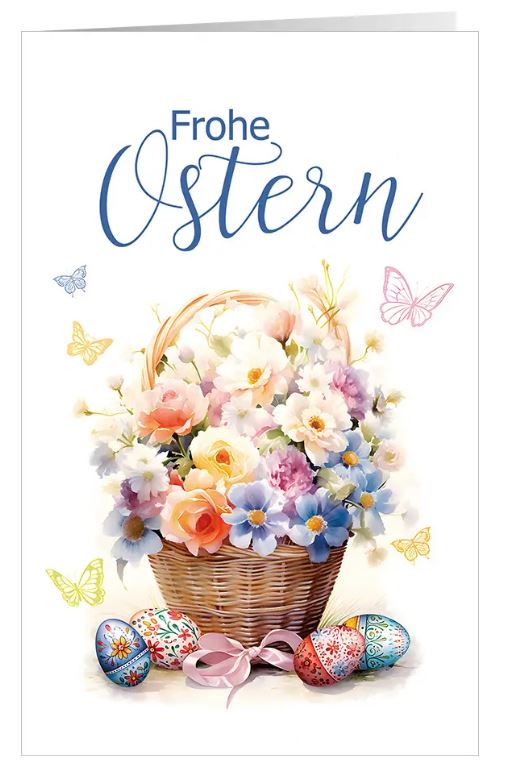 Klassische Osterkarte "Blüten-Korb" mit verzierten Ostereiern und einem Flechtkorb voller Blumen