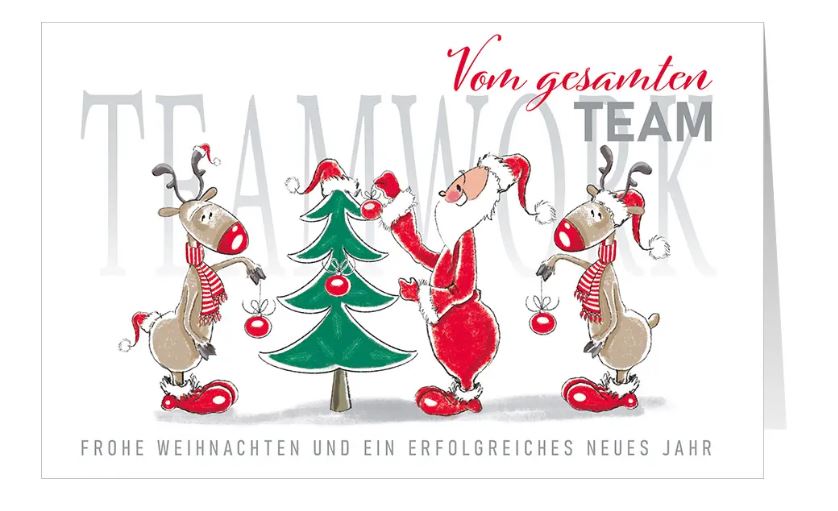 Humorvolle Firmenweihnachtskarte "Rentier & Santa" mit Weihnachtsgrüßen vom Team