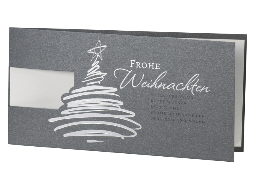 Weihnachtskarte anthrazit mit Weihnachtsbaum und Fensterstanzung