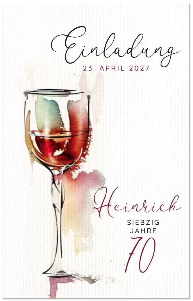 Stilvolle Einladungskarte zum 70. Geburtstag mit Weinglas im Aquarellstil