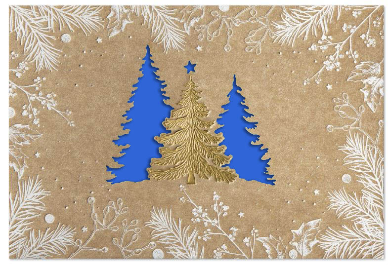 Stanz-Weihnachtskarte in naturbraun mit Goldfolienprägung und floralem Druck, Einleger blau