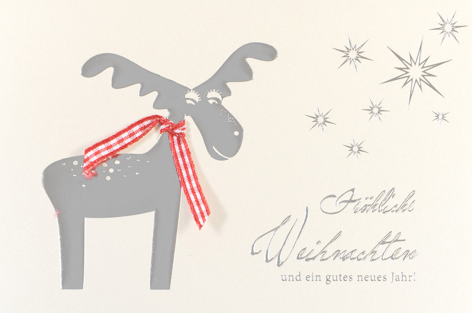 Weihnachtskarte creme mit Rentier in silber mit Sternen Fröhliche Weihnachten