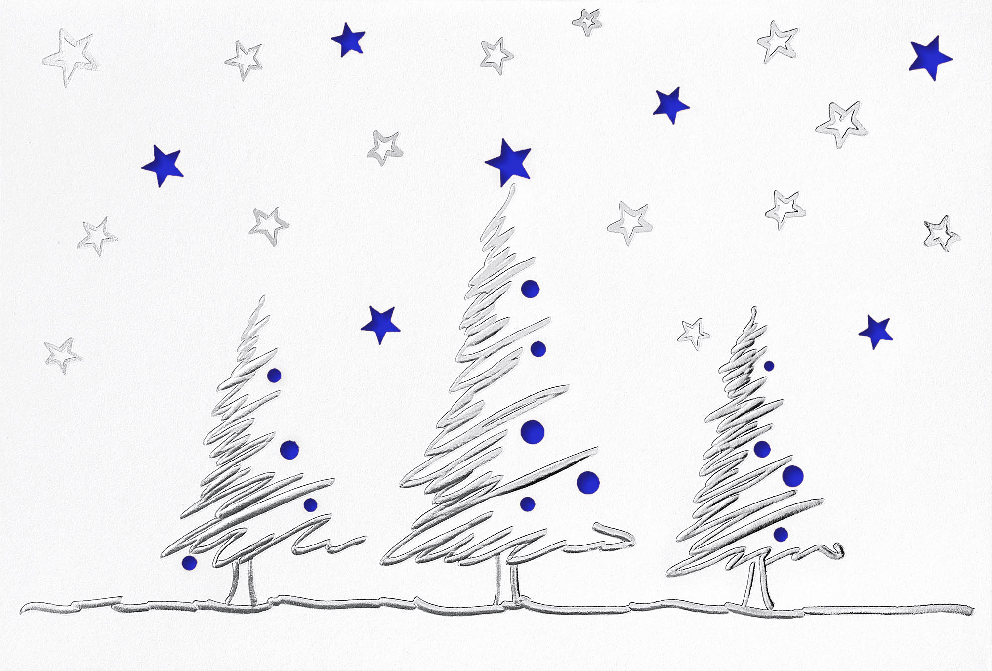 Weihnachtliche Stanzkarte in weiß mit blauem Falteinleger innen, silbernen Bäumen und Sternen