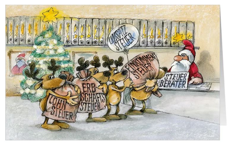 Originelle Weihnachtskarte mit Rentier-Klienten beim Steuerberater in der Kanzlei.