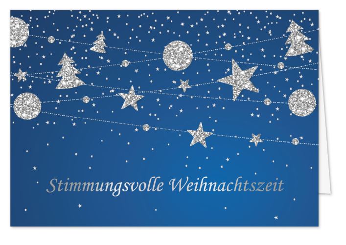 Blaue Weihnachtskarte mit Silberprägung "Stimmungsvolle Weihnachtszeit" und weihnachtlichen Glittermotiven