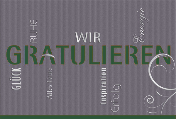 Firmenglückwunschkarte "Wir Gratulieren" mit Stanzung, Silberfolienprägung und Einleger in waldgrün