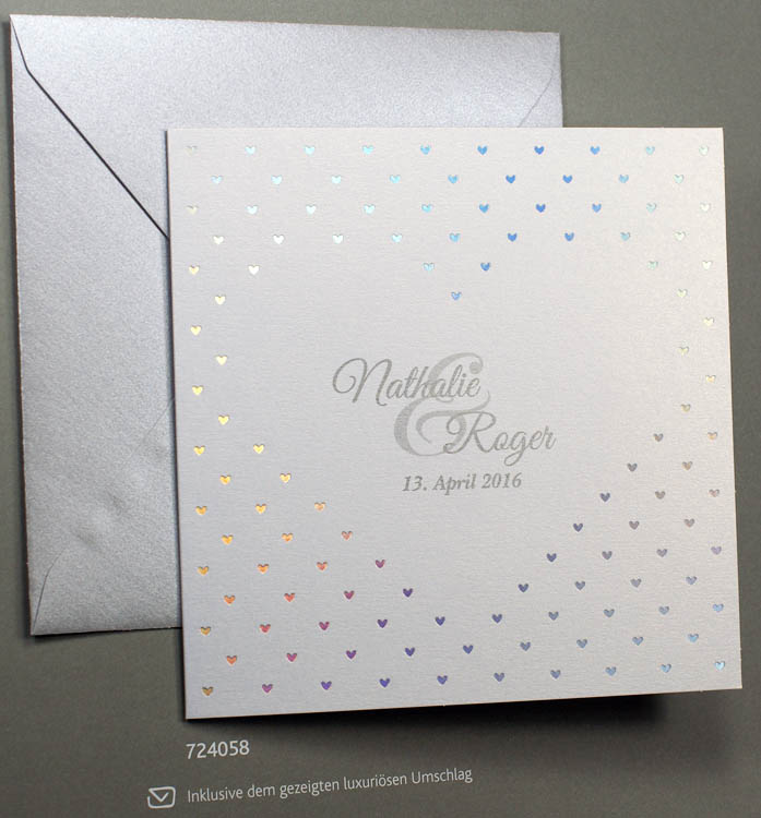 Hochzeitskarte irisierend mit Herzen in silber - Regenbogenfarbe