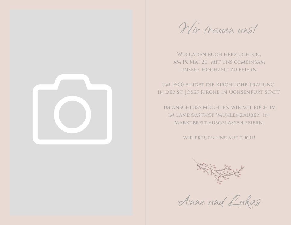 Romantische Hochzeits-Einladungskarte in Nuderosa "Zarter Zweig" als Klappkarte mit eigenem Foto innen