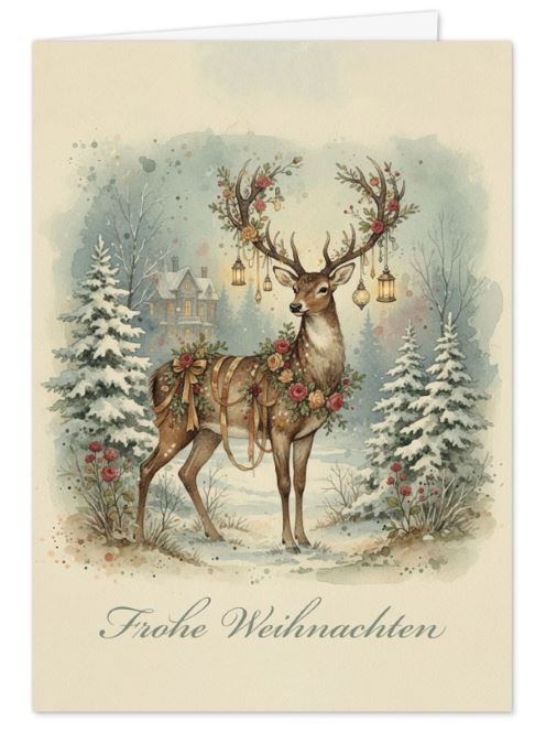 Malerische Weihnachts-Klappkarte „Prachtvoller Festtags-Hirsch“ im nostalgischen Aquarellstil mit floralem Schmuck
