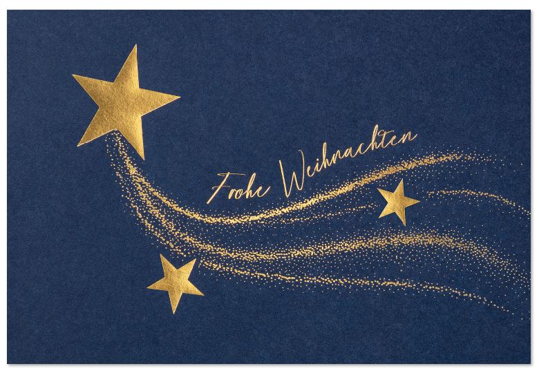 Elegante Weihnachtskarte "Magische Sternenpfade" in blau mit Sternen, Sternenstaub und goldenem Weihnachtsgruß