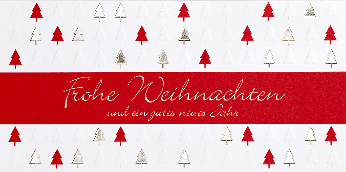Weihnachtskarte weiß/rot mit Weihnachtsbäumen Silberfolie Relief