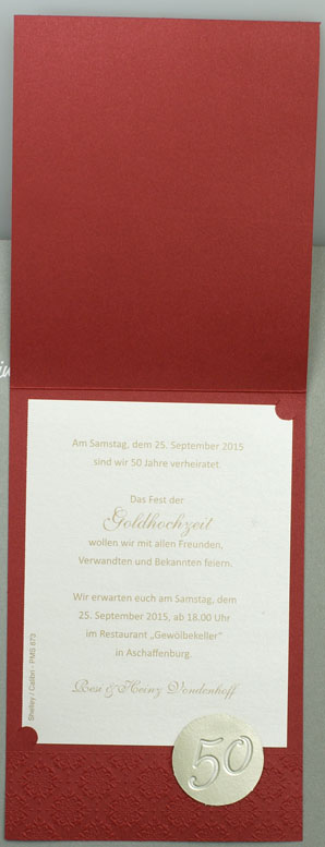 Einladungskarte Jubiläumszahl zum Aufkleben rubinrot metallic
