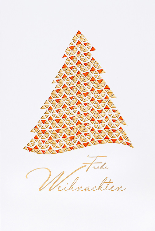 Weihnachtskarte weiß mit Weihnachtsbaum in gold / orange