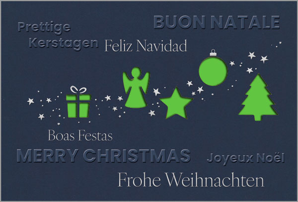 Blaue Weihnachtskarte mit internationalen Grüßen, Stanzung, Prägung und Einleger in grün