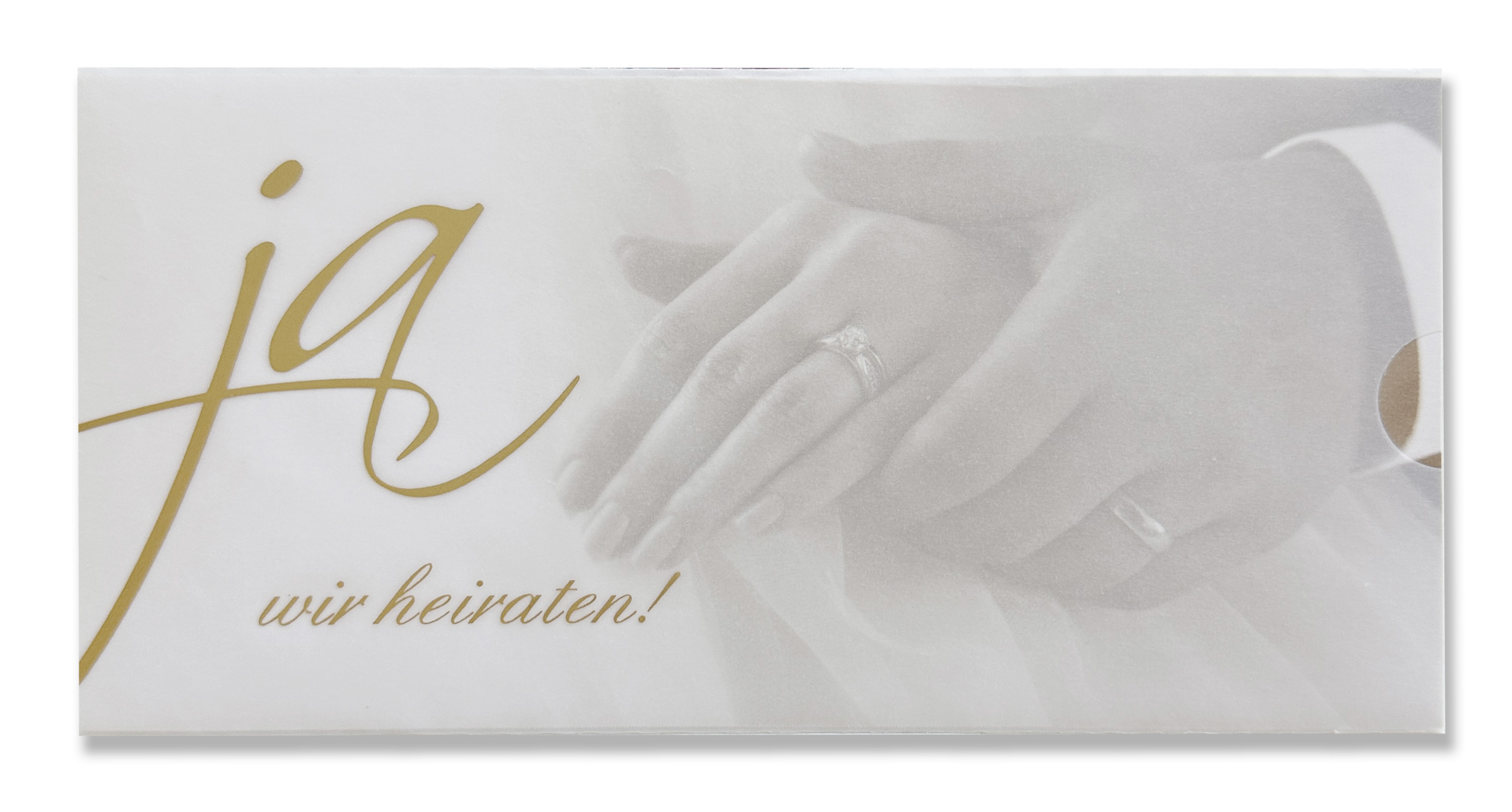 Einladungskarte zur Hochzeit als Schiebekarte mit Goldfolienprägung "Ja wir heiraten!"