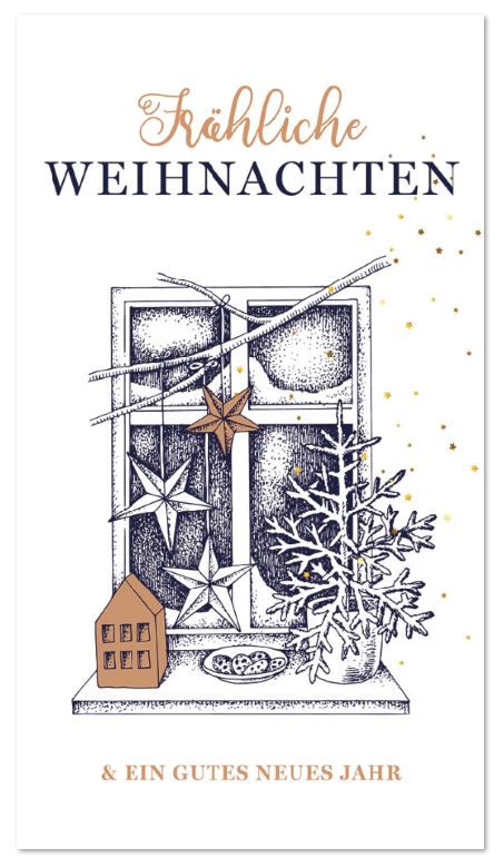 Weihnachtskarte im kompakten Kleinformat mit weihnachtlich geschmücktem Fenster und Weihnachts- sowie Neujahrsgruß