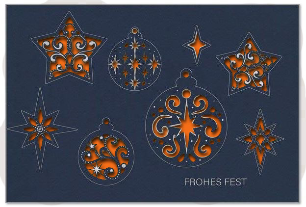 Edle Laser-Weihnachtskarte in blau "Filigrane Festlichkeit" mit Silberfolienprägung und Einlegeblatt in Orange