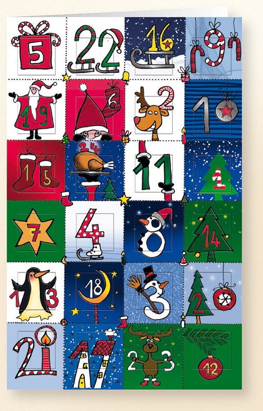 Adventskalenderkarte mit 24 Türchen mit weihnachtlichen Motiven