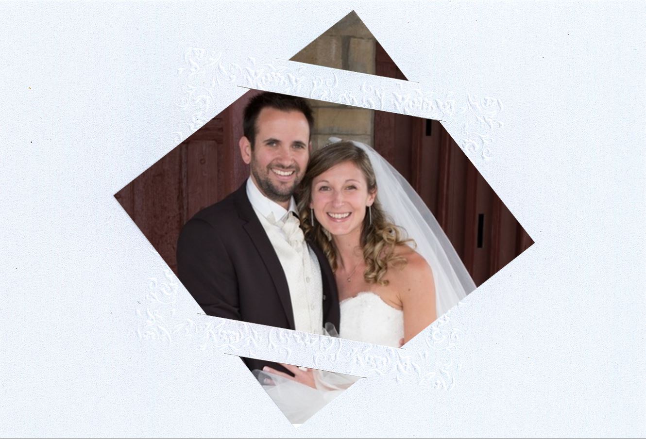 Hochzeit Foto-Dankkarte in weiß metallic mit Ornament-Rahmen Reliefprägung