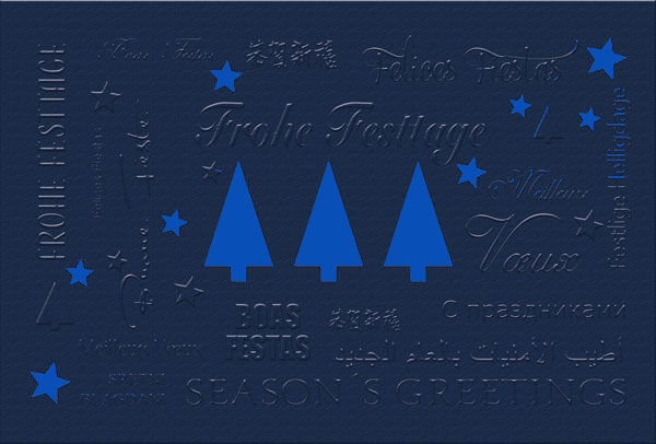 Weihnachtskarte mit Sternen und Weihnachtsbäumen und blauem Einleger