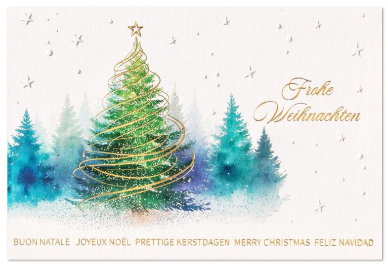 Charity-Weihnachtskarte "Aquarellwald" mit internationalen Grüßen in Gold- und Blindprägung, Spende für die Deutsche Krebshilfe