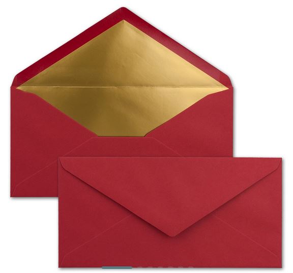 Briefumschlag DIN lang dunkelrot mit Gold-Metallic-Innenfutter, nassklebend, 22x11 cm 