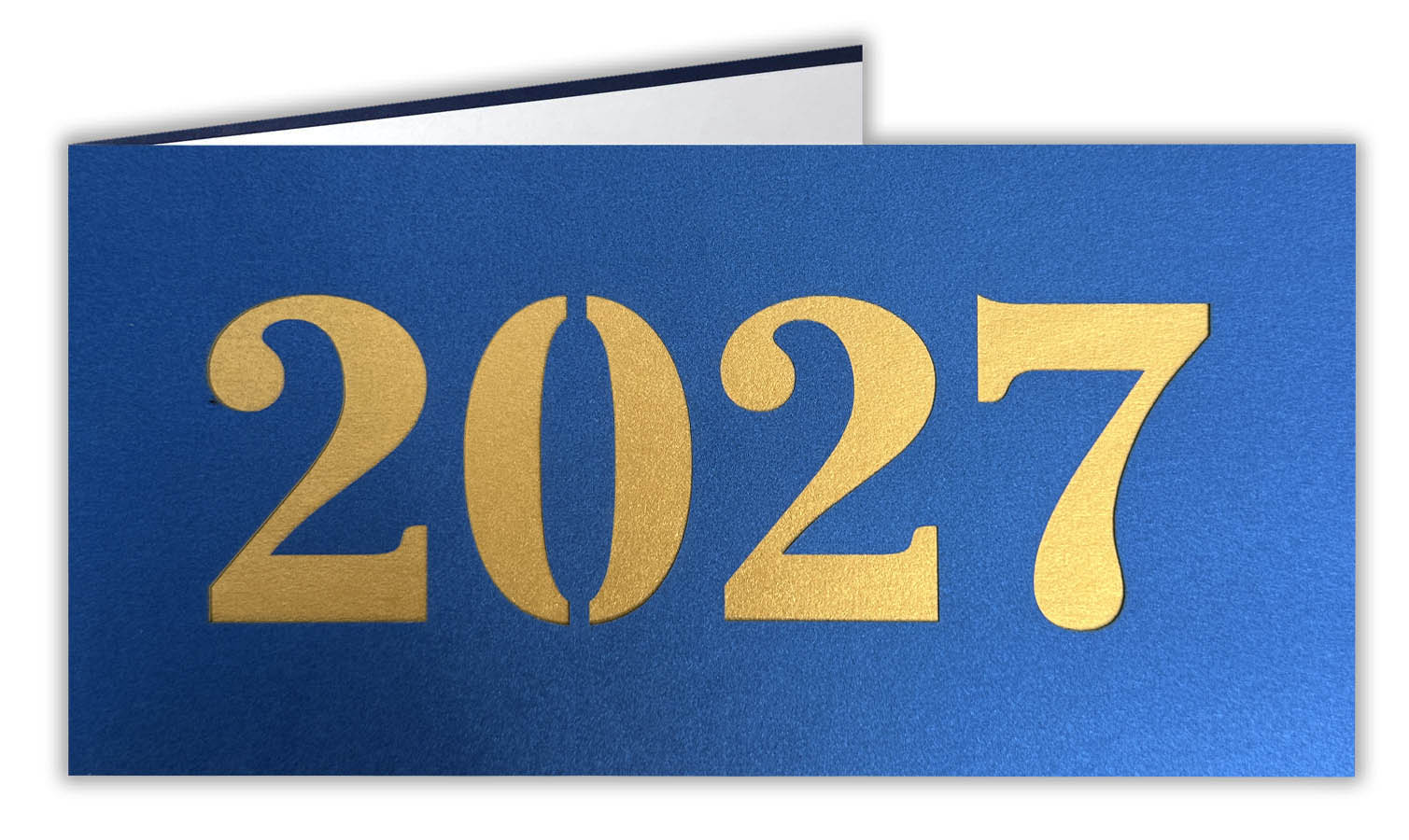 Blaue Metallic-Neujahrskarte mit Laserstanzung 2027 und goldfarbenem Einlegeblatt