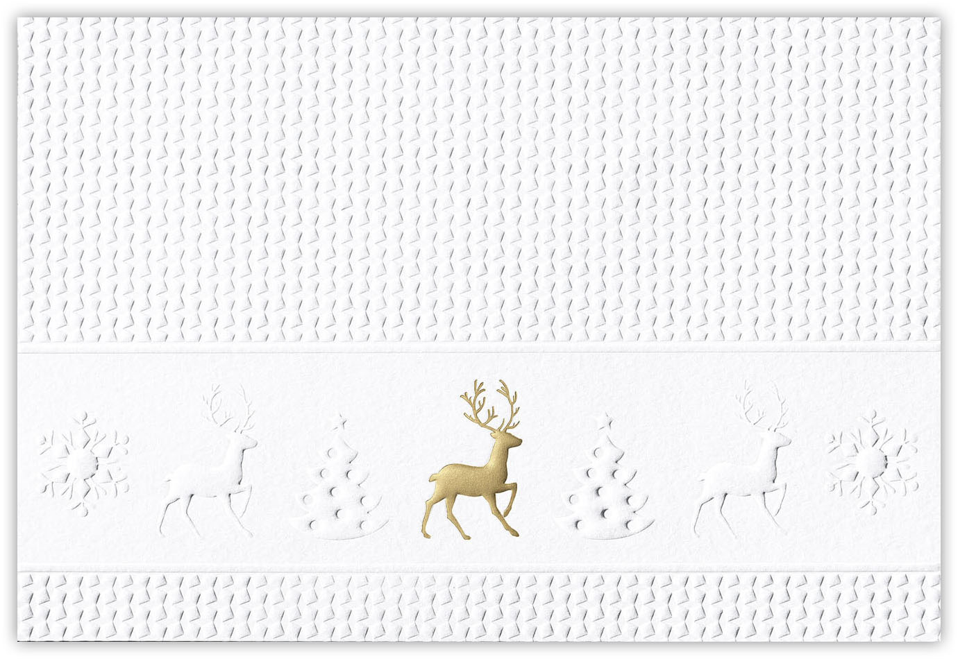 Weihnachtskarte weiß mit reliefgeprägten weihnachtlichen Symbolen und goldenem Rentier