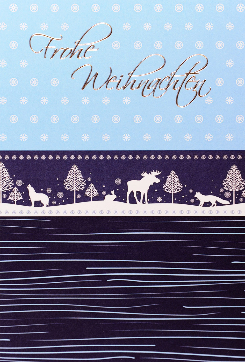 Weihnachtskarte Frohe Weihnachten mit gezeichneter Winterlandschaft hellblau dunkelblau