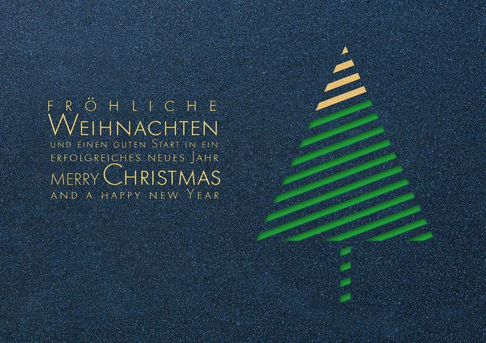 Dunkelblaue Weihnachtskarte mit goldener Folienprägung, Stanzung und Einleger in grün