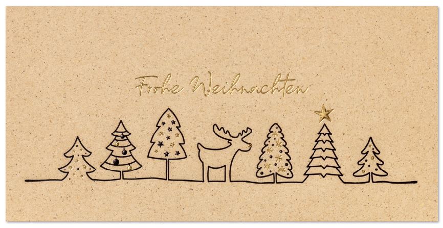 Naturbraune Weihnachtskarte "Urige Waldweihnacht" mit Tannenbäumen und Hirsch sowie FROHE WEIHNACHTEN
