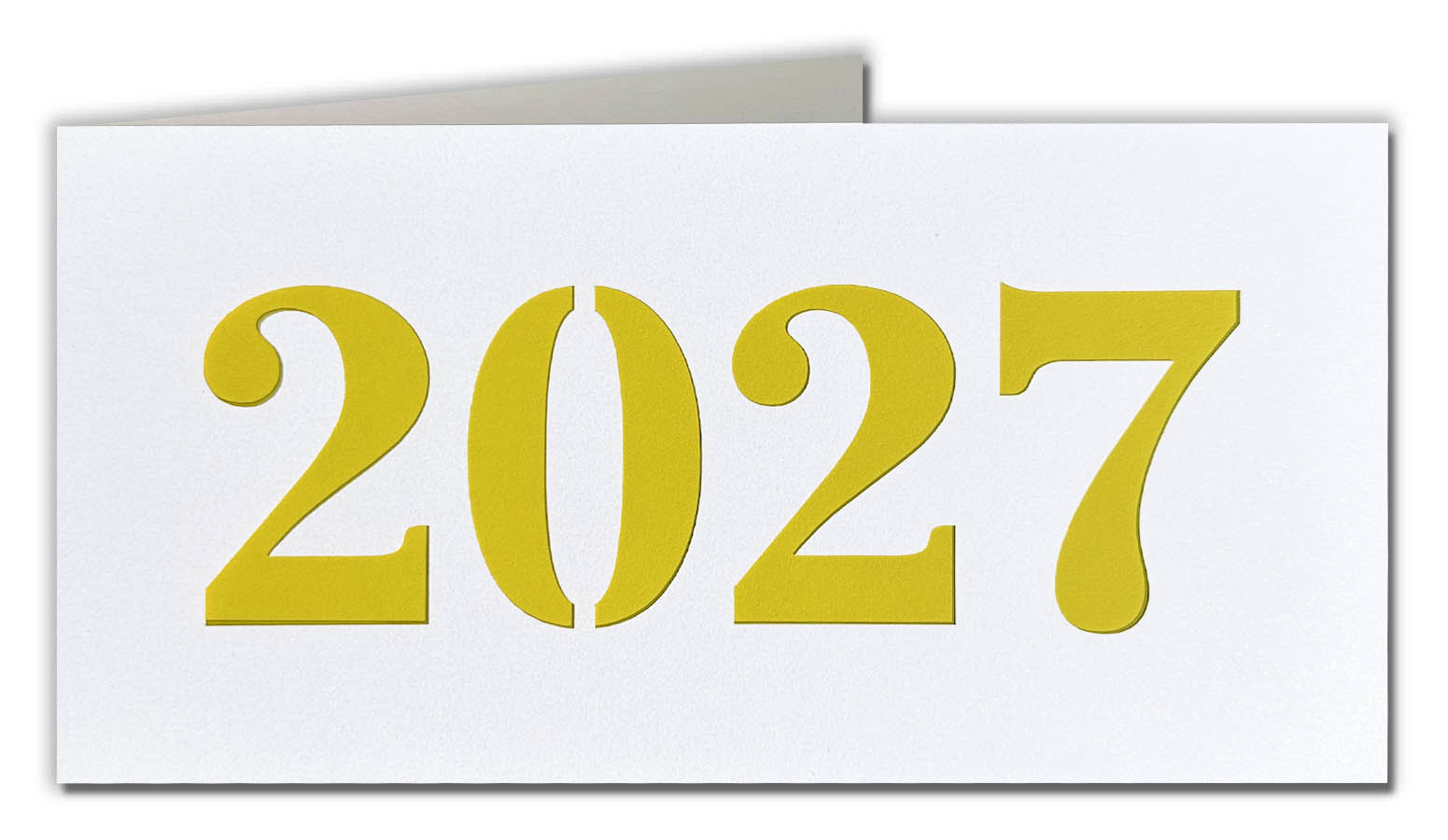 Weiße Metallic-Neujahrskarte mit Laserstanzung 2027 und gelbem Einlegeblatt