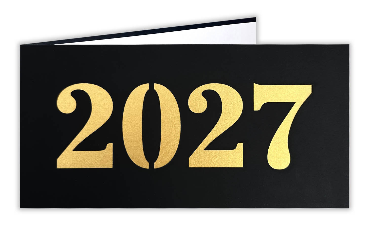 Mattschwarze Neujahrskarte mit Laserstanzung 2027 und goldenem Einlegeblatt