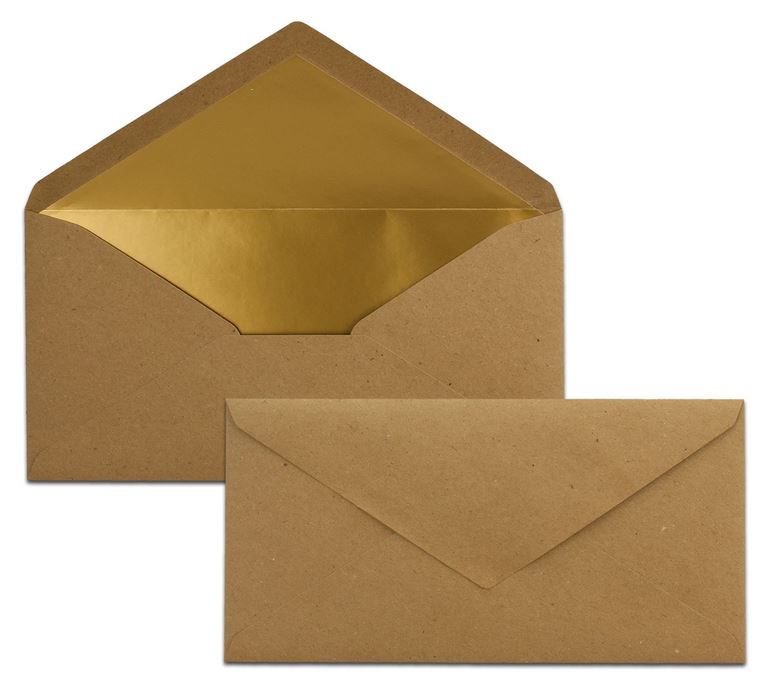 Briefumschlag DIN lang kraftbraun mit Gold-Metallic-Innenfutter, nassklebend, 22x11 cm
